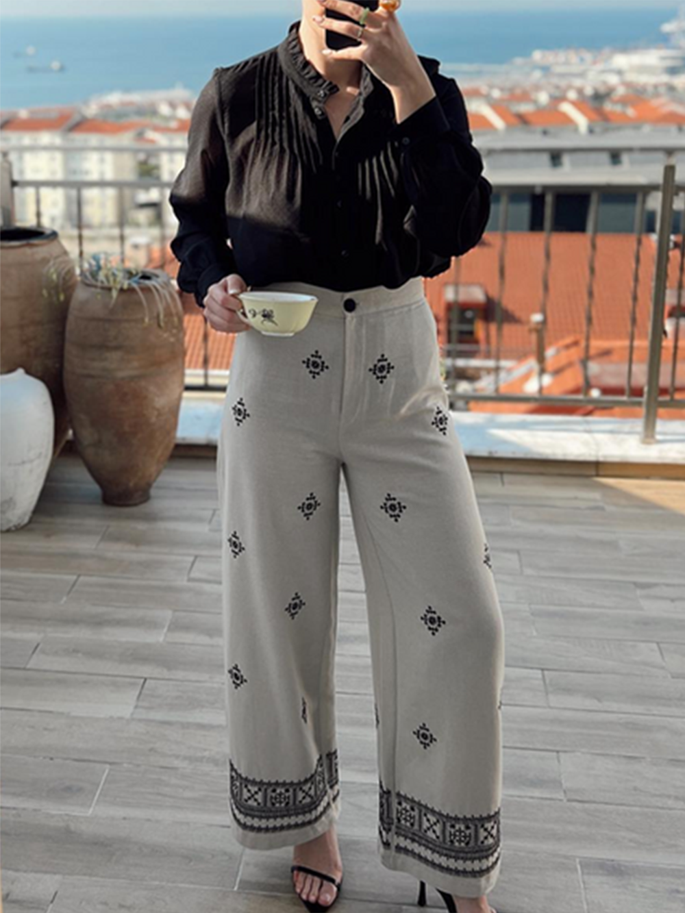 Floral Embroidered Linen Wide Leg Trousers for Women