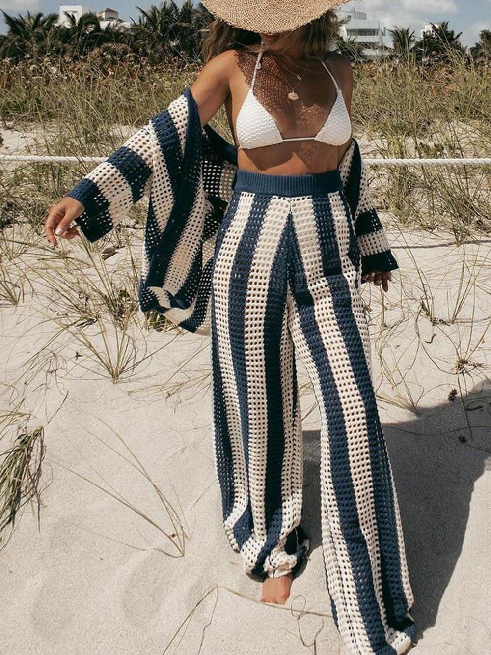 Casual V-Neck Striped Shirt & Wide Leg Pants Set for Women