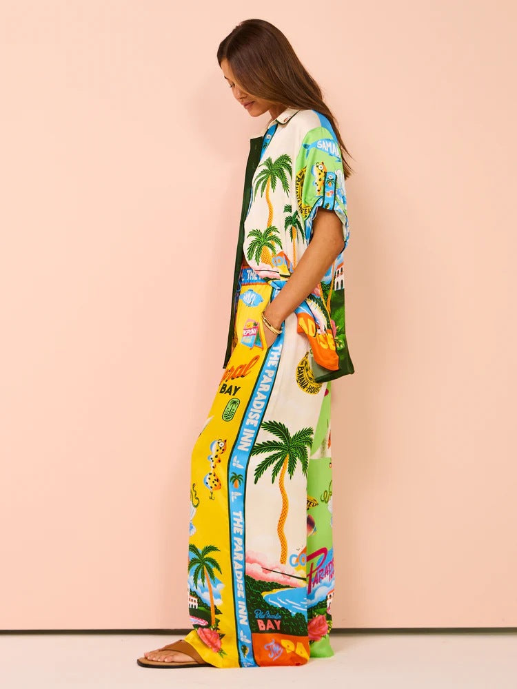 Printed Wide-Leg Vacation Pants Set for Women