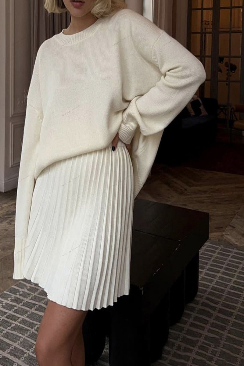 Solid Color Pullover Round Neck Sweater & Pleated Skirt Set