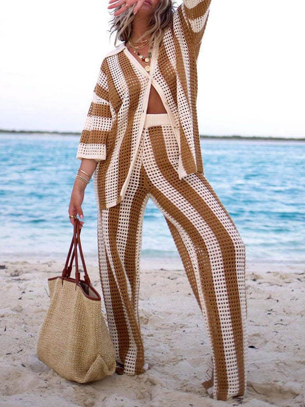 Casual V-Neck Striped Shirt & Wide Leg Pants Set for Women