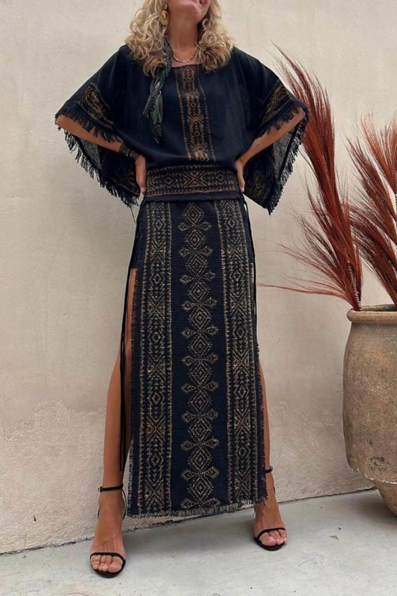 Ethnic Print Patchwork Side Lace-Up Maxi Skirt-Set