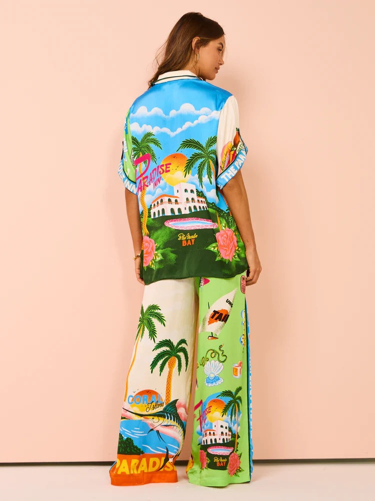 Printed Wide-Leg Vacation Pants Set for Women