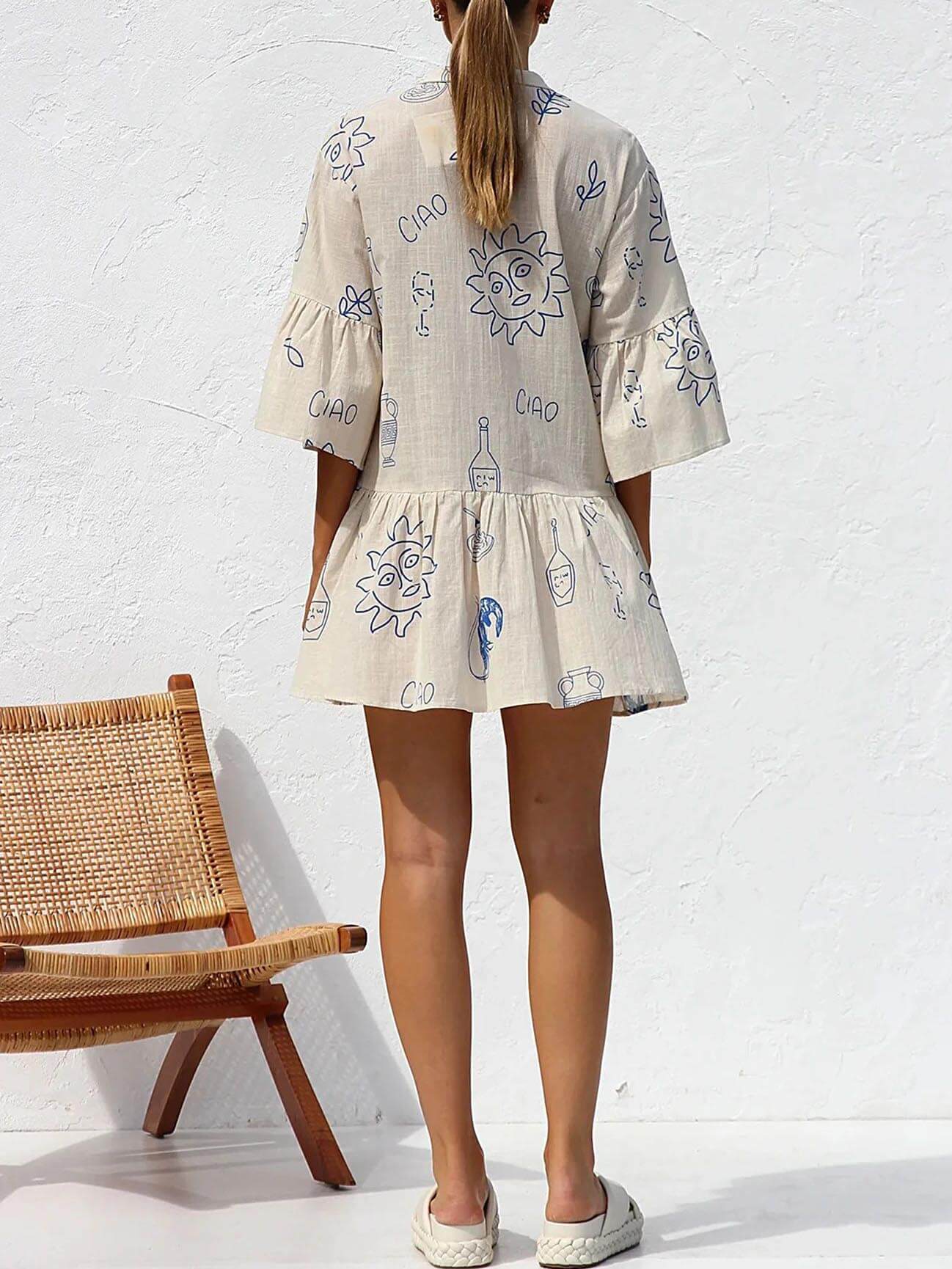 Boho Floral Bell Sleeve Shirt Dress for Women