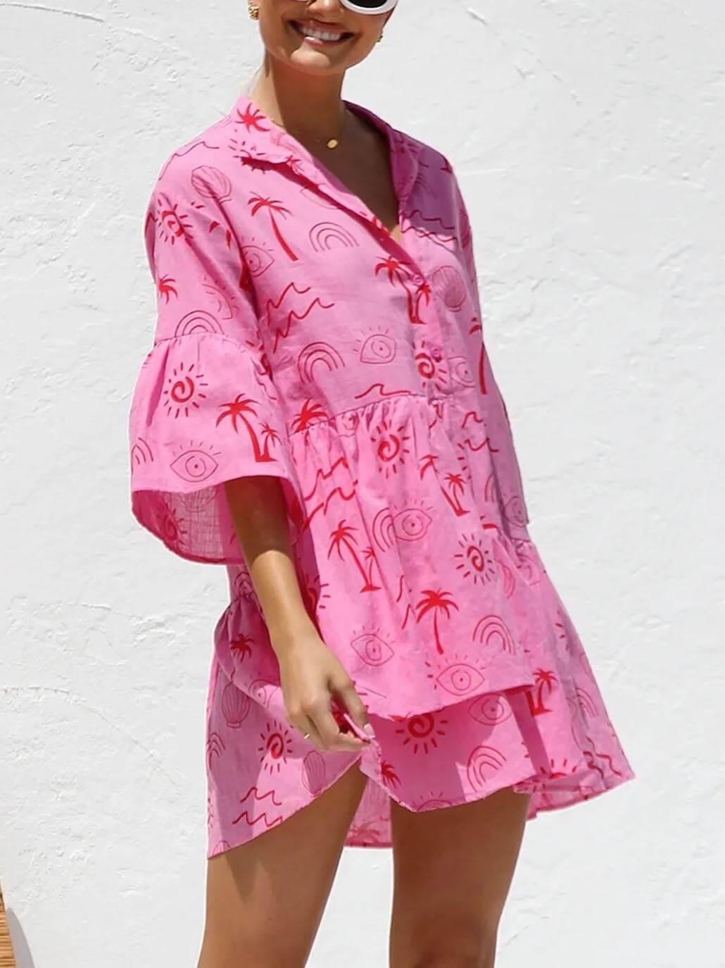 Boho Floral Bell Sleeve Shirt Dress for Women