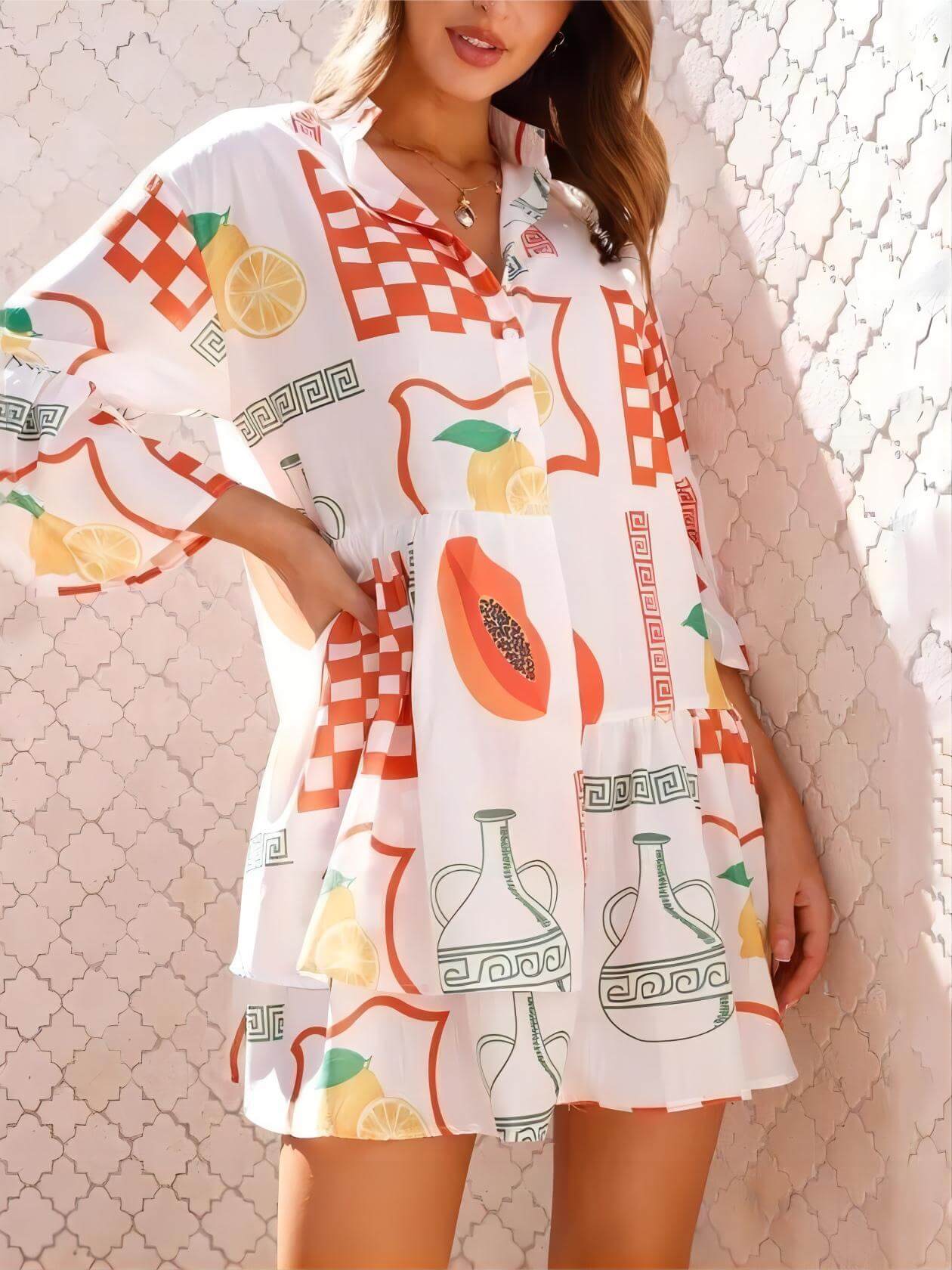 Boho Floral Bell Sleeve Shirt Dress for Women