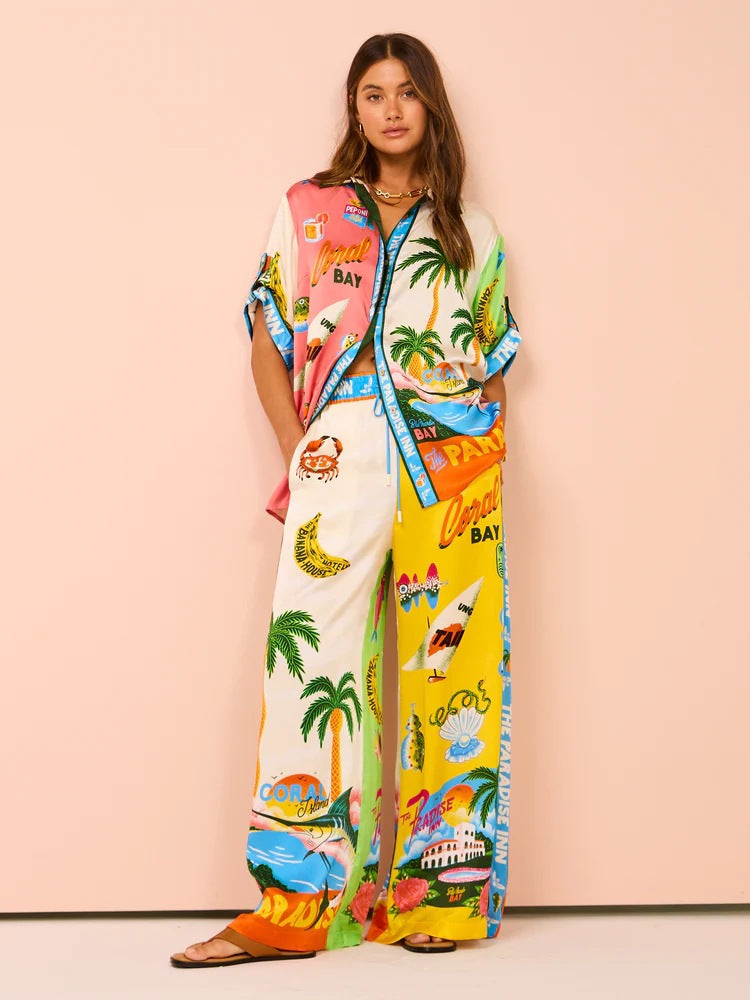 Printed Wide-Leg Vacation Pants Set for Women