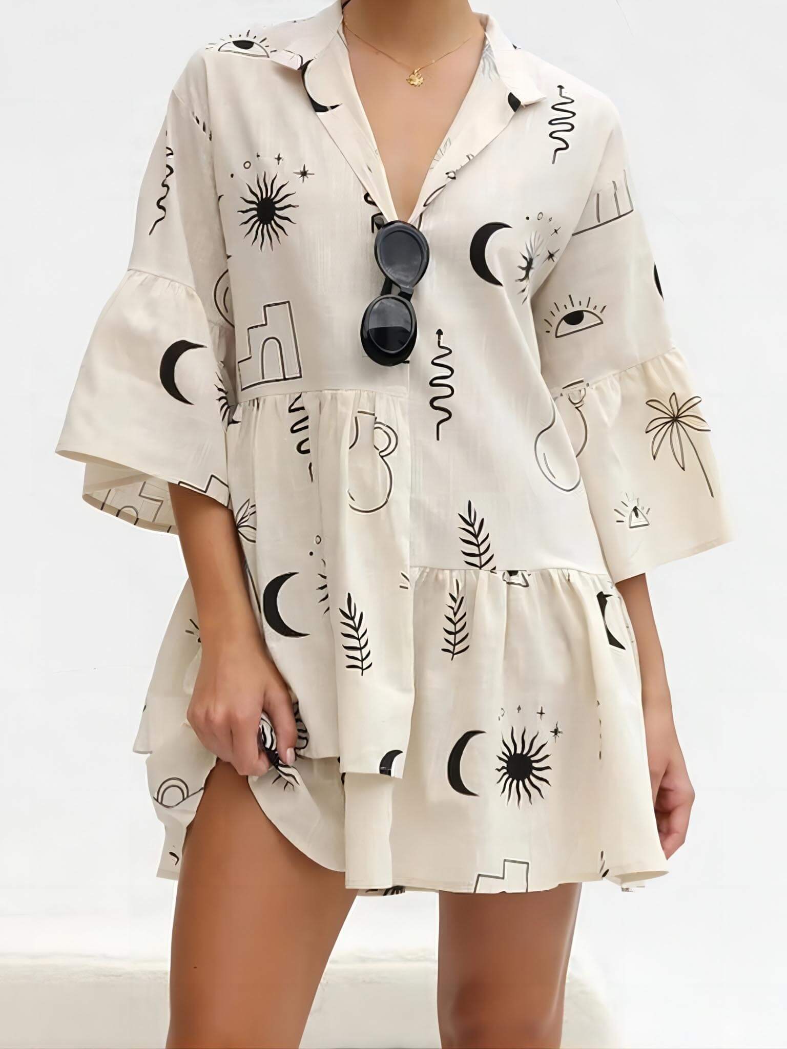 Boho Floral Bell Sleeve Shirt Dress for Women