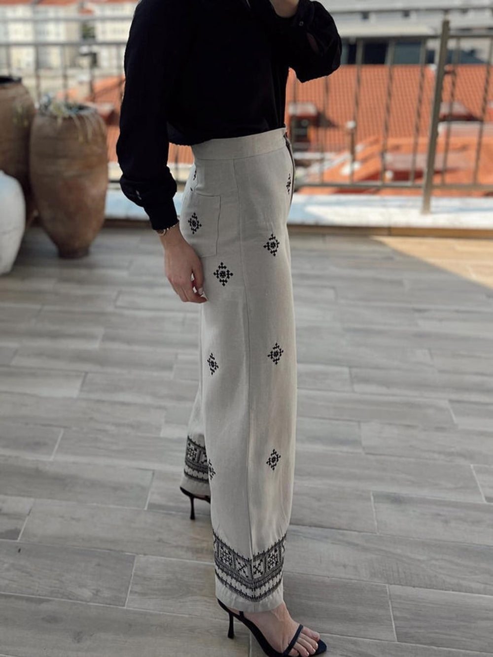 Floral Embroidered Linen Wide Leg Trousers for Women