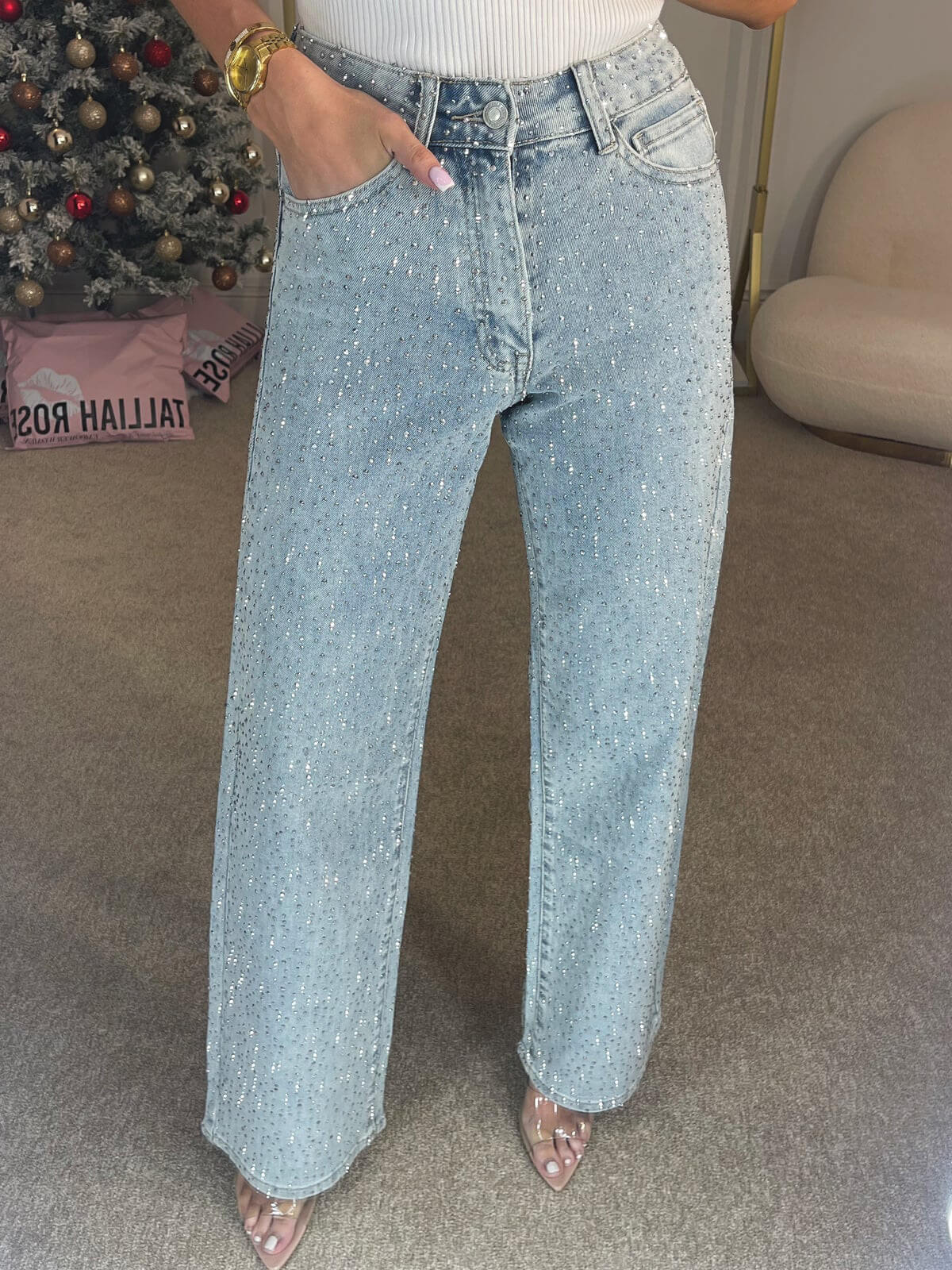 High Waisted Diamanté Straight Leg Jeans