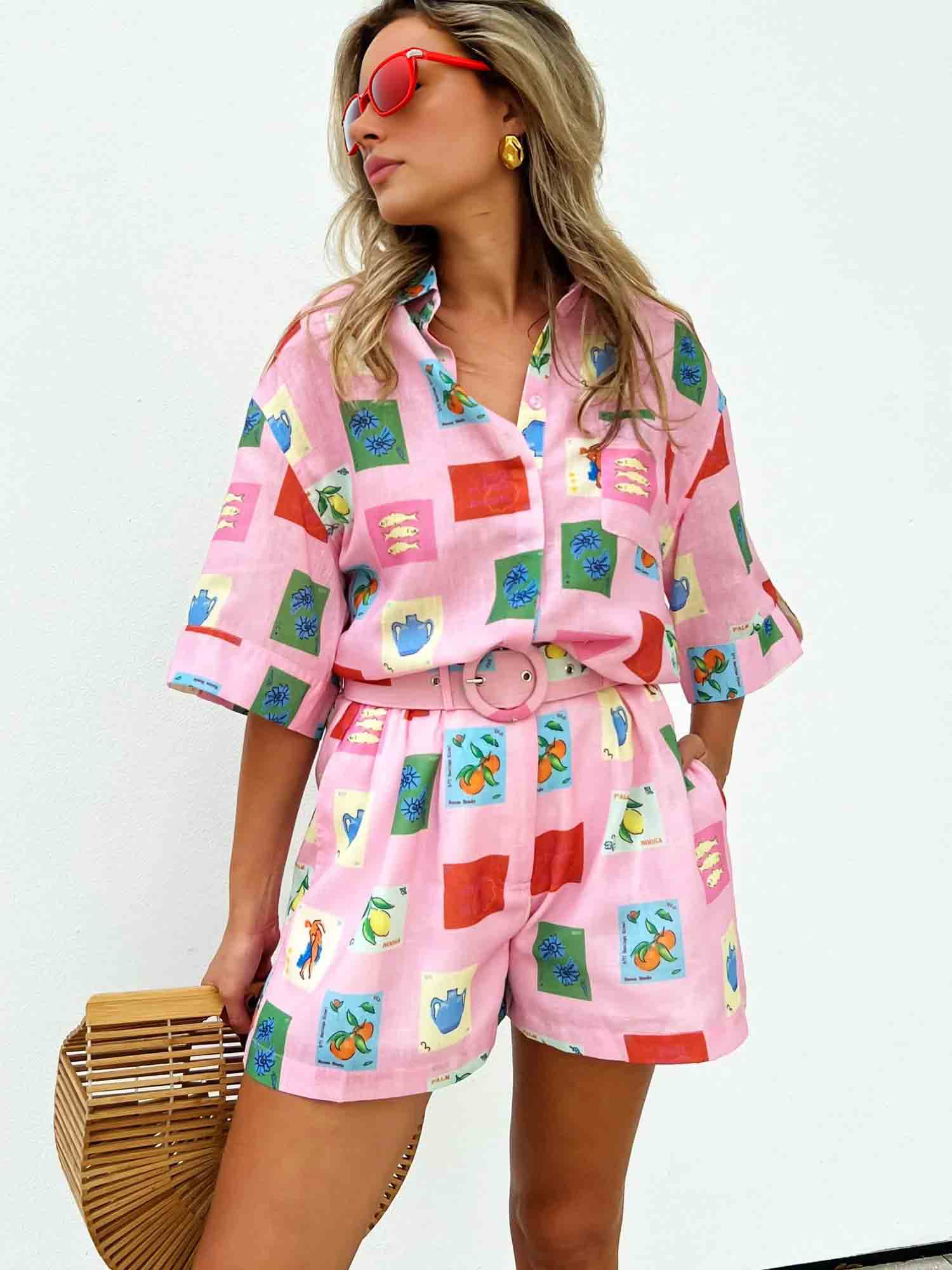 Pink Stamp Print Two-Piece Short Set for Women