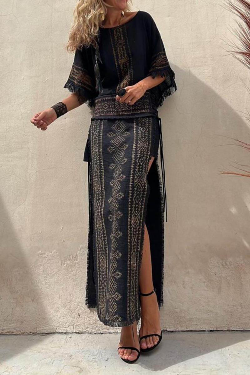 Ethnic Print Patchwork Side Lace-Up Maxi Skirt-Set