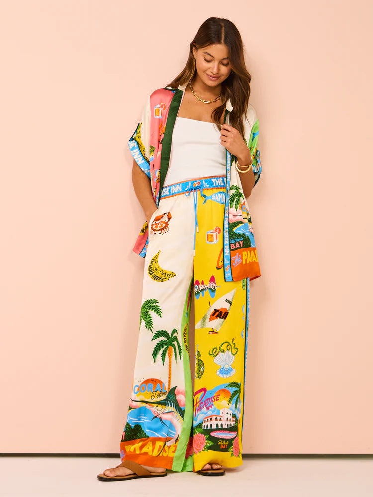 Printed Wide-Leg Vacation Pants Set for Women