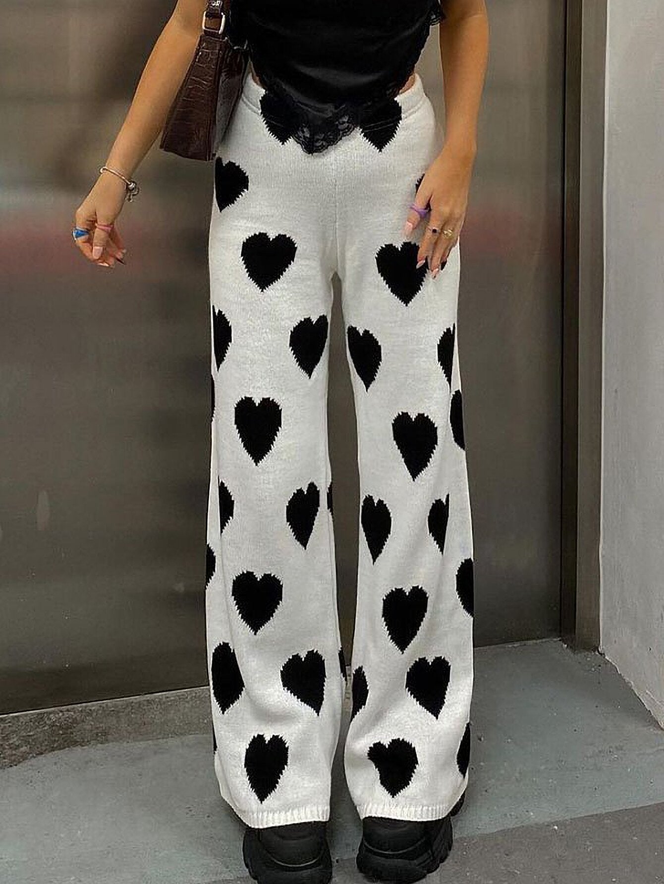 Heart Pattern Wide-Leg Pants