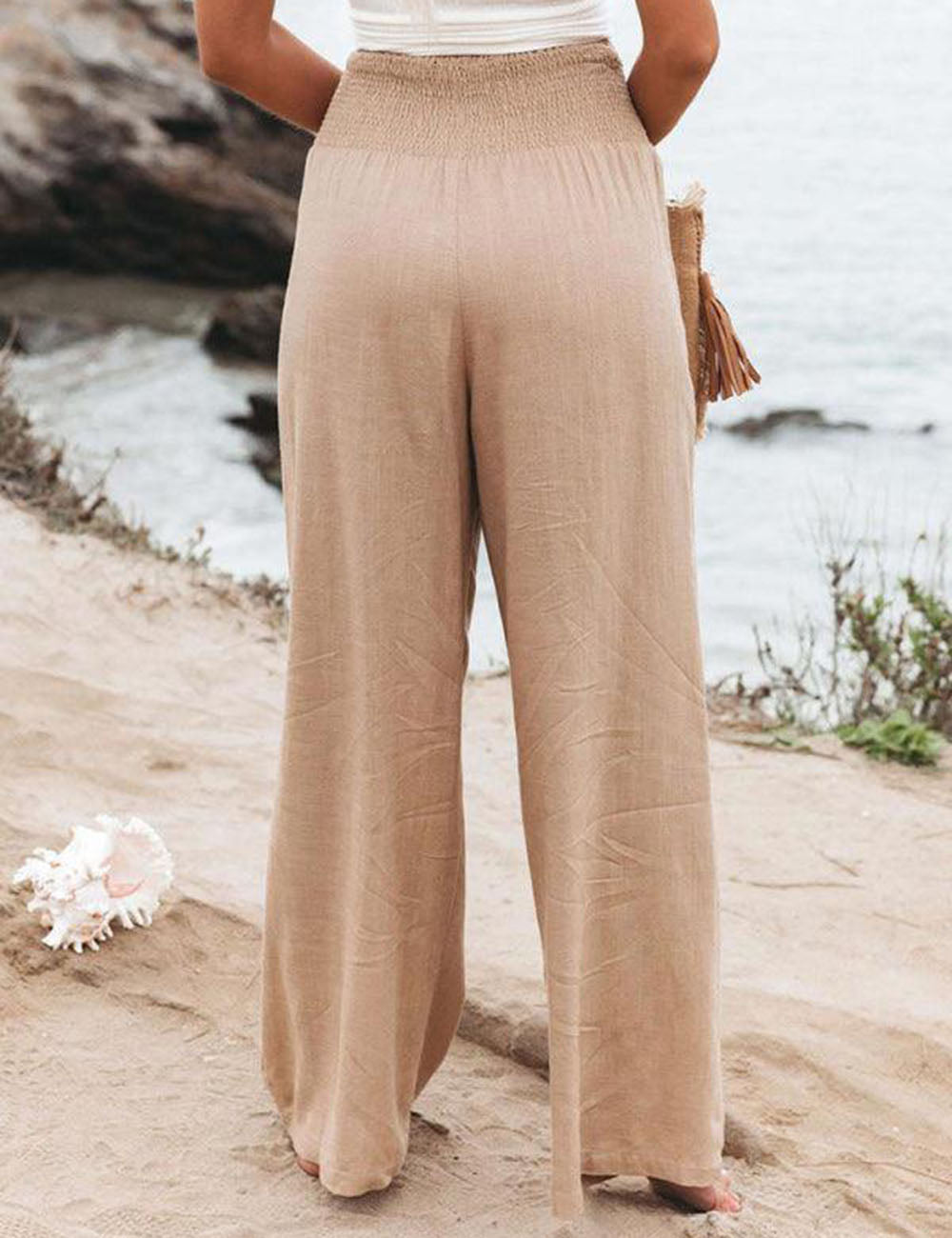 Chic Smocked Linen Wide Leg Pants for Women