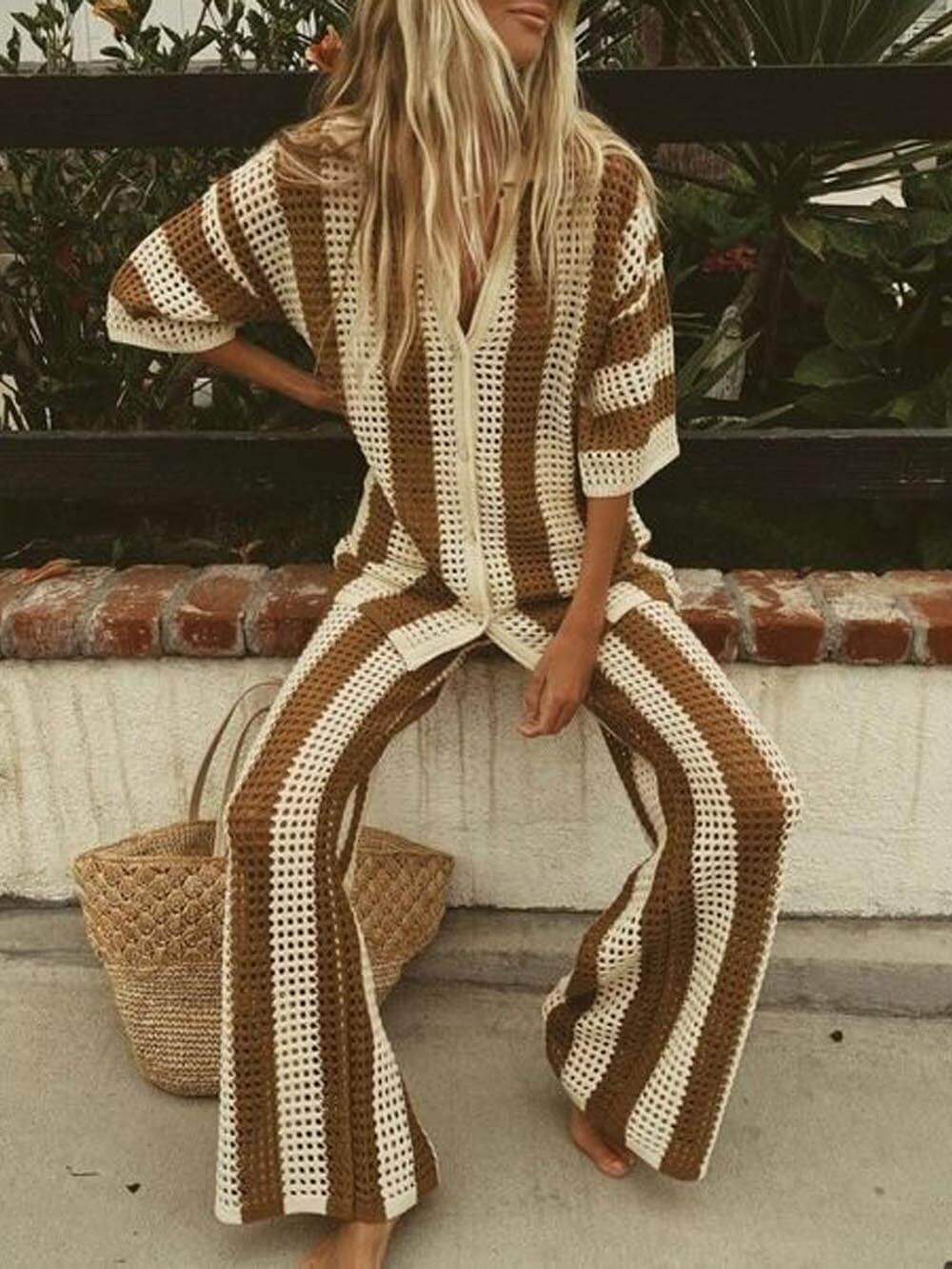 Casual V-Neck Striped Shirt & Wide Leg Pants Set for Women