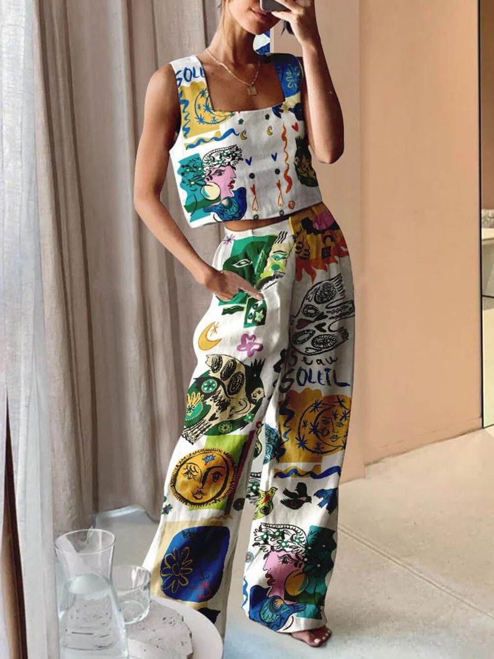 Abstract Print Tank Pants Set for Women