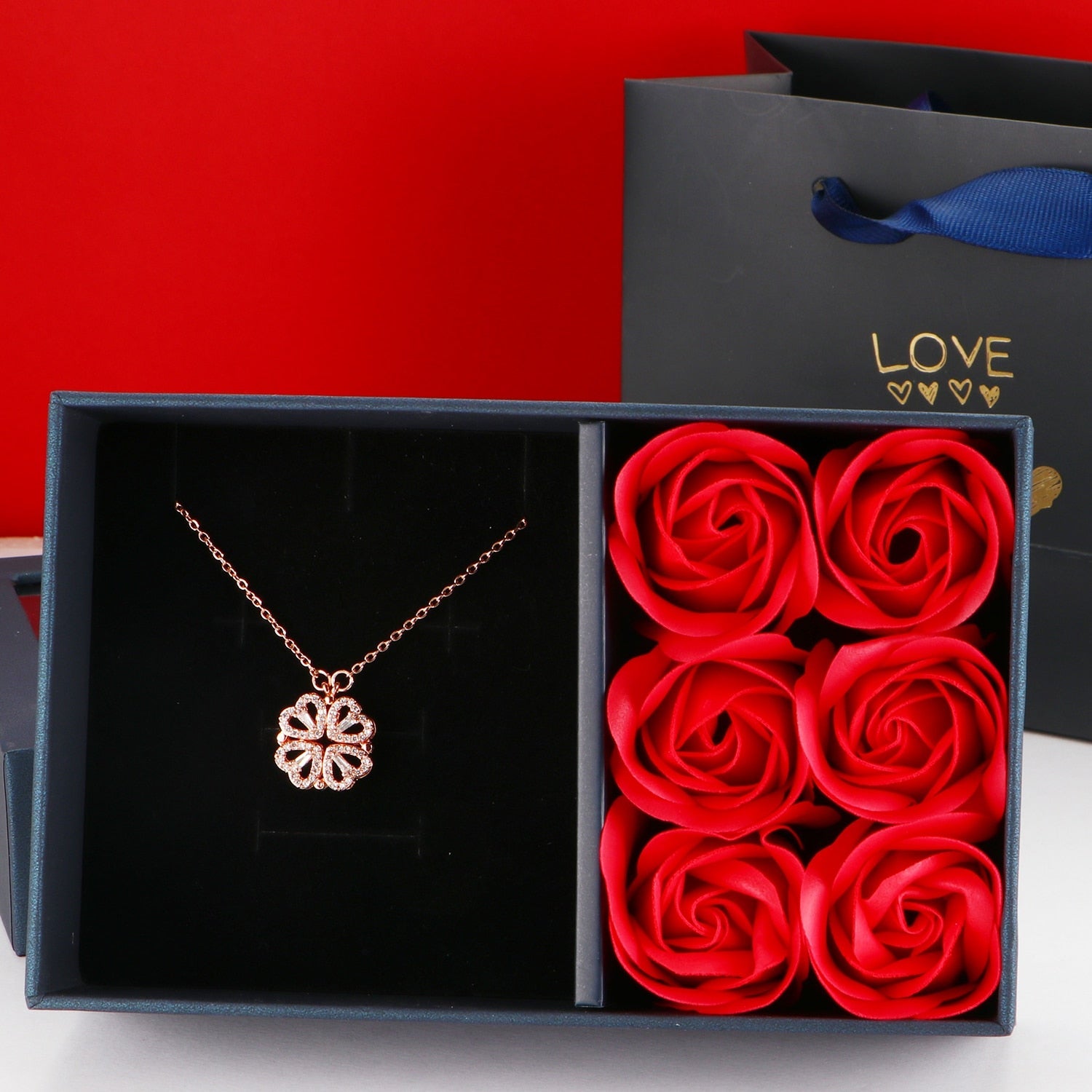 Heart Clover Necklace with Eternal Roses Box