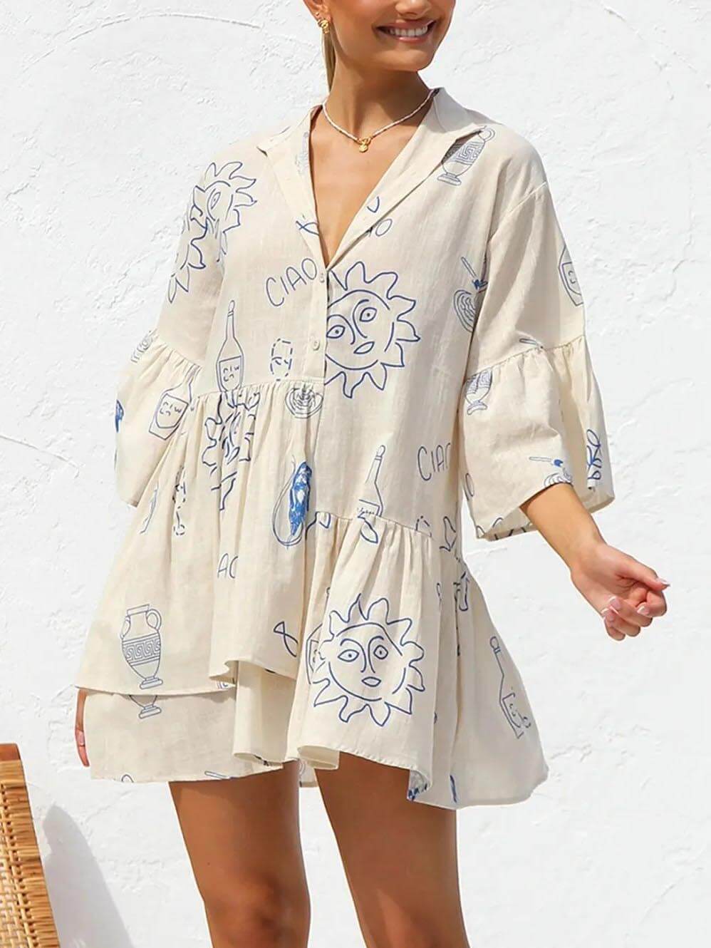 Boho Floral Bell Sleeve Shirt Dress for Women