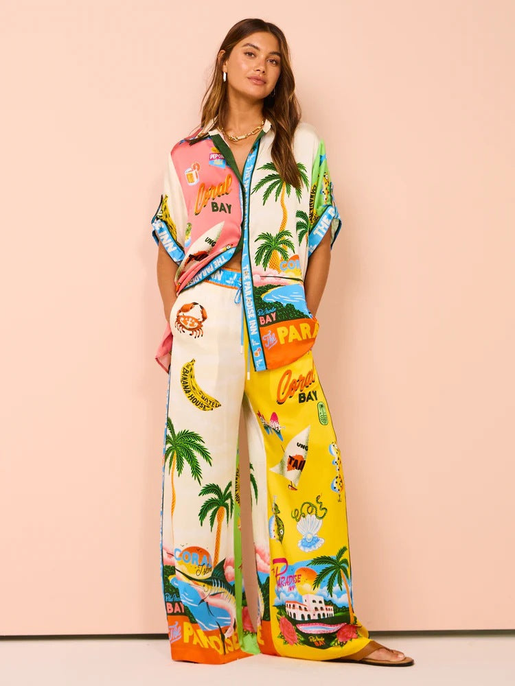 Printed Wide-Leg Vacation Pants Set for Women